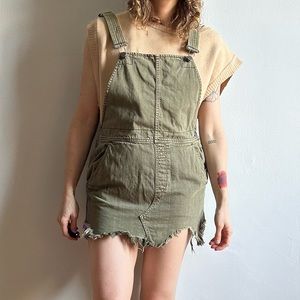 Free People Distressed Green Overall Denim Dress